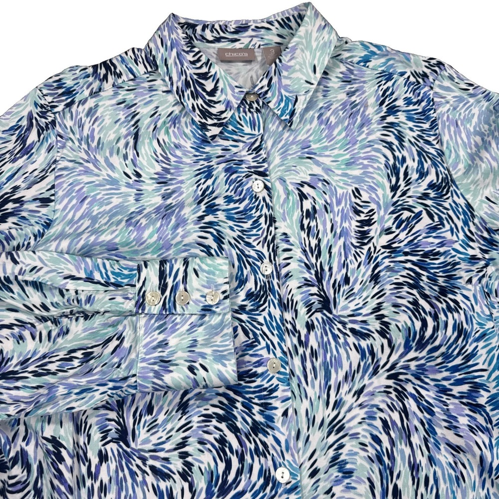 Chicos Shirt Women's Size 3 XL Blue Purple Abstract Long Sleeve Stretch Cotton